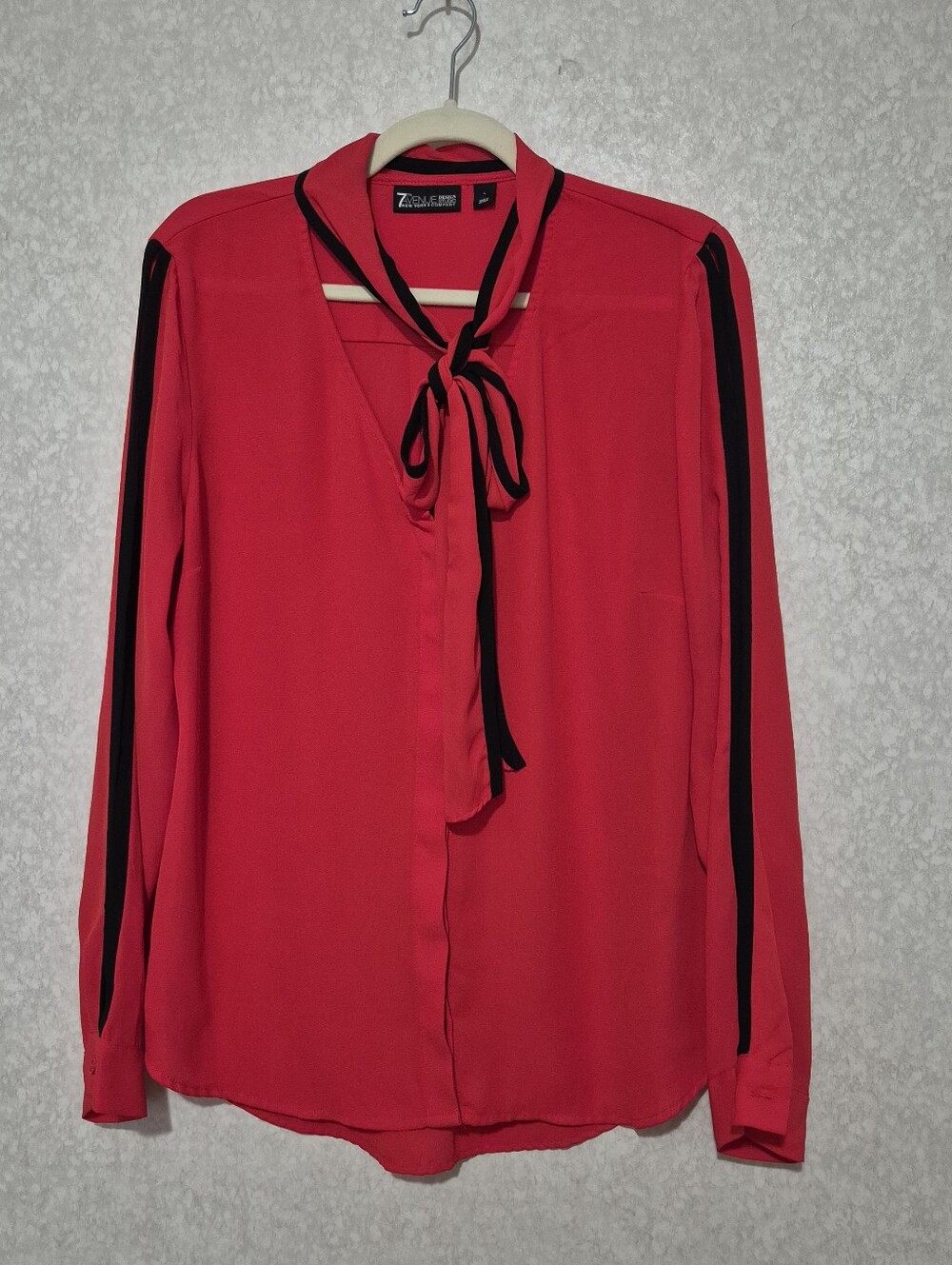7th Avenue  Red Tie-Neck Blouse with Black Trim..long Sleeve Semi Sheer-Size:L
